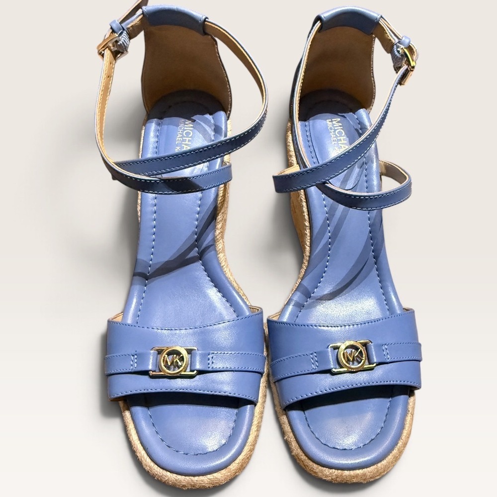 Michael Michael Kors Blue Leather Espadrille Wedge Sandals Gold MK Logo Strap 7